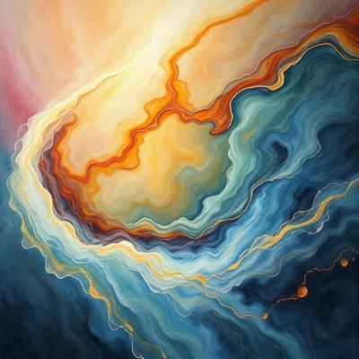 The primary subject of the image is a painting featuring a blue and yellow background with a sun in the center. The setting is a painting, and the visual style is artistic. The dominant colors are blue and yellow, creating a warm and vibrant atmosphere.